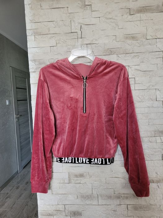 Nowy welurowy różowy dres bluza z kapturem+spodnie rurki wysoki stan L