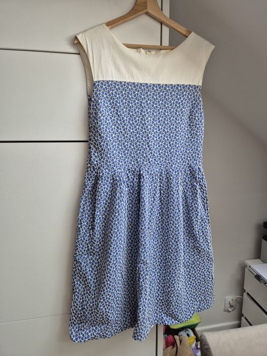 Sukienka boho biało niebieska hafty ażurowa M