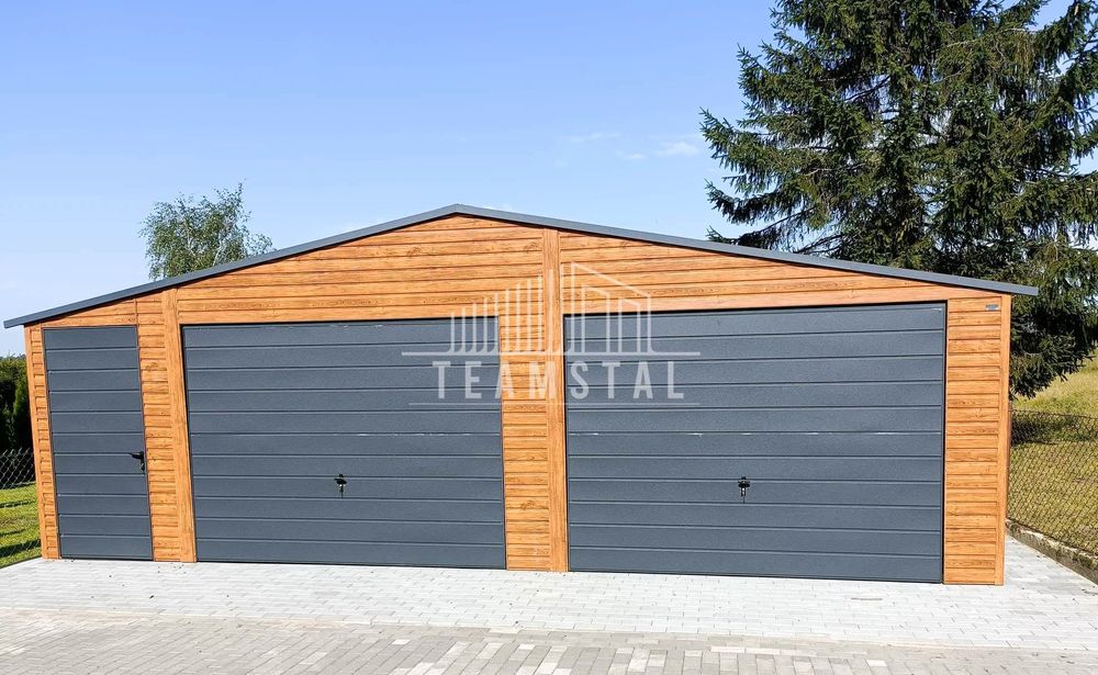 GARAŻ BLASZANY 8m x 7m dwuspad - 2x Brama drzwi antracyt TS256 8x7