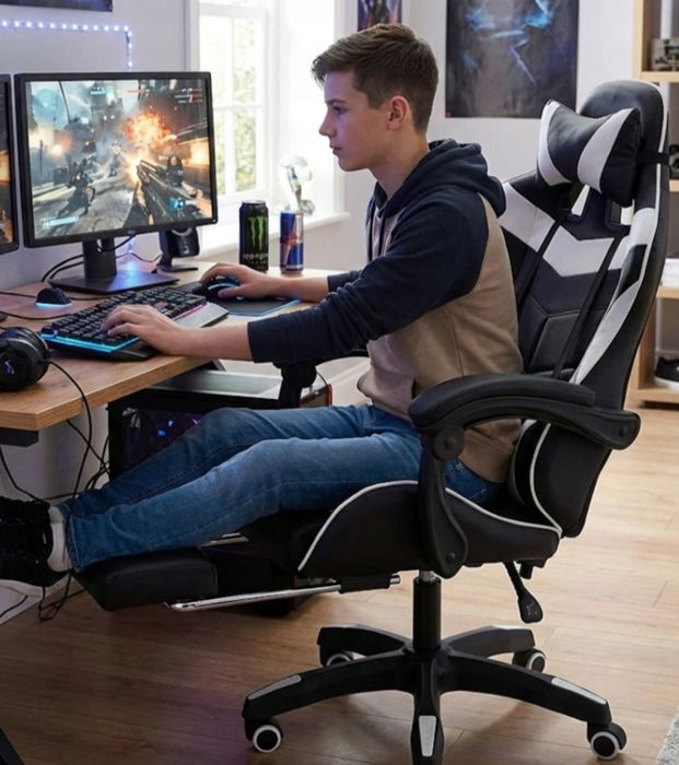 Fotel Gamingowy Biurowy Kubełkowy z Podnóżkiem Biały Ekoskóra Obrotowy