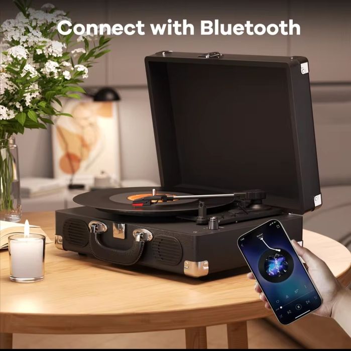 Toca-Discos Vintage com Bluetooth e 3 Velocidades - Mala Retro