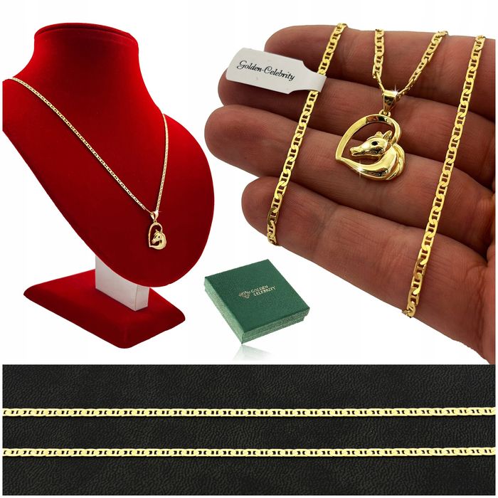 Złoty Łańcuszek Serce / Naszyjnik + Zawieszka Koń Konik Na Prezent + G