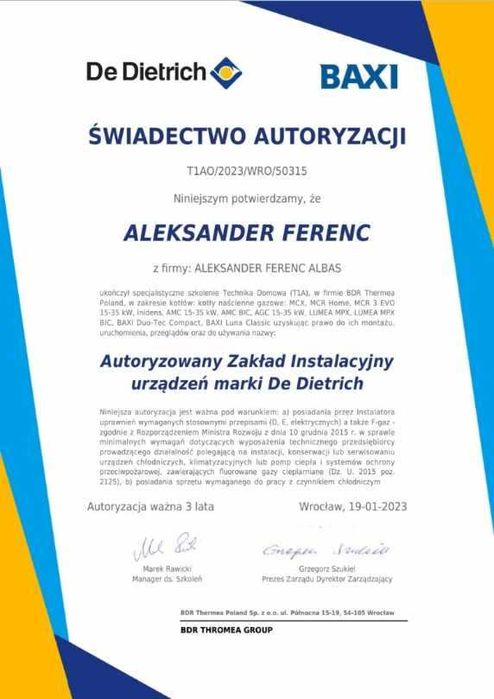 Serwis Przegląd pieca kotła gazowego Ariston, DeDietrich, Viessmann