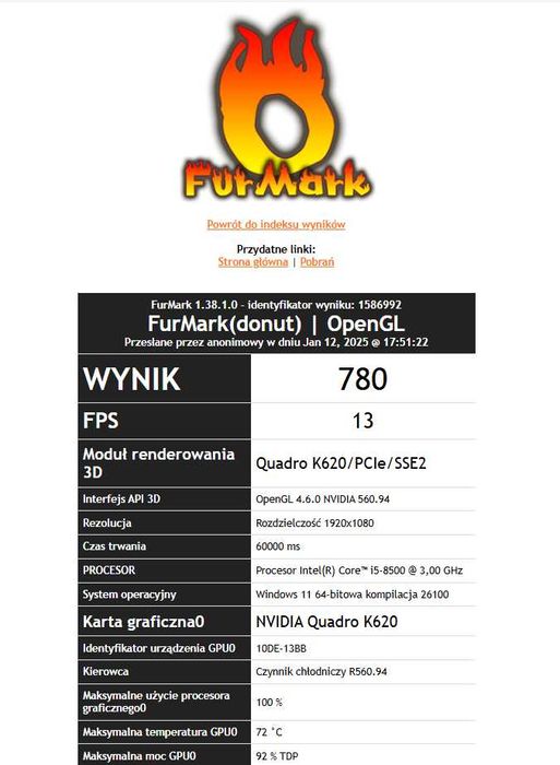 NVIDIA Quadro K620 2GB test w 3DMark FurMark Low Profile śledź 8cm