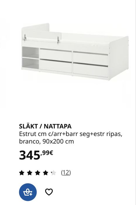 SLÄKT Estrutura cama com arrumação + estrado ripas, branco, 90x200 cm