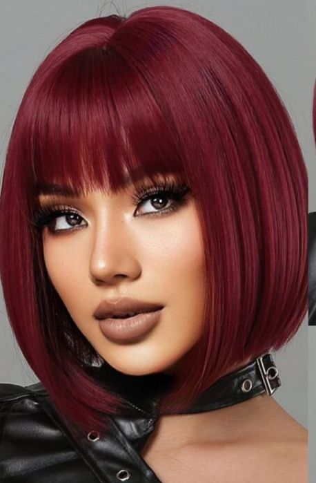 Peruka damska półdługa bob z grzywką, burgund, termoodporna