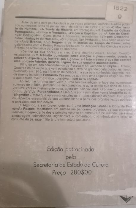 Livro de António Quadros. Fernando Pessoa Vida, personalidade e Génio