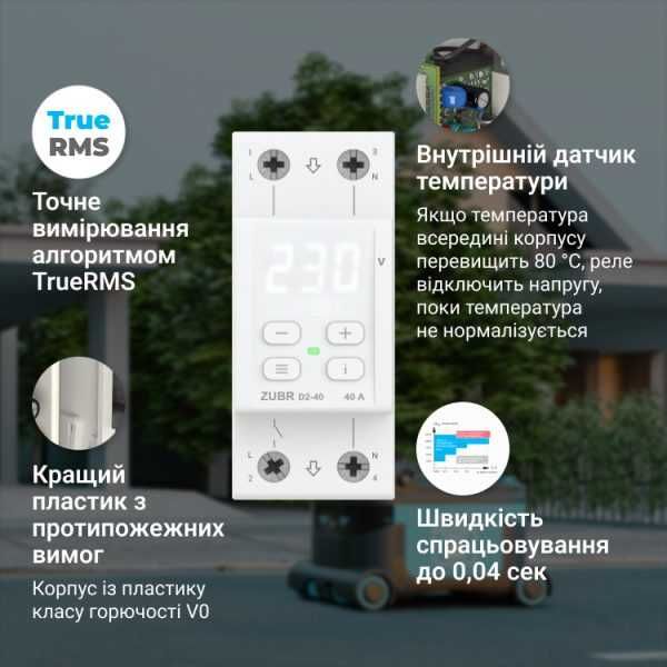Реле напруги ZUBR D2 32А 40А 50А 63А | Біле / Red | Гарантія 5 років