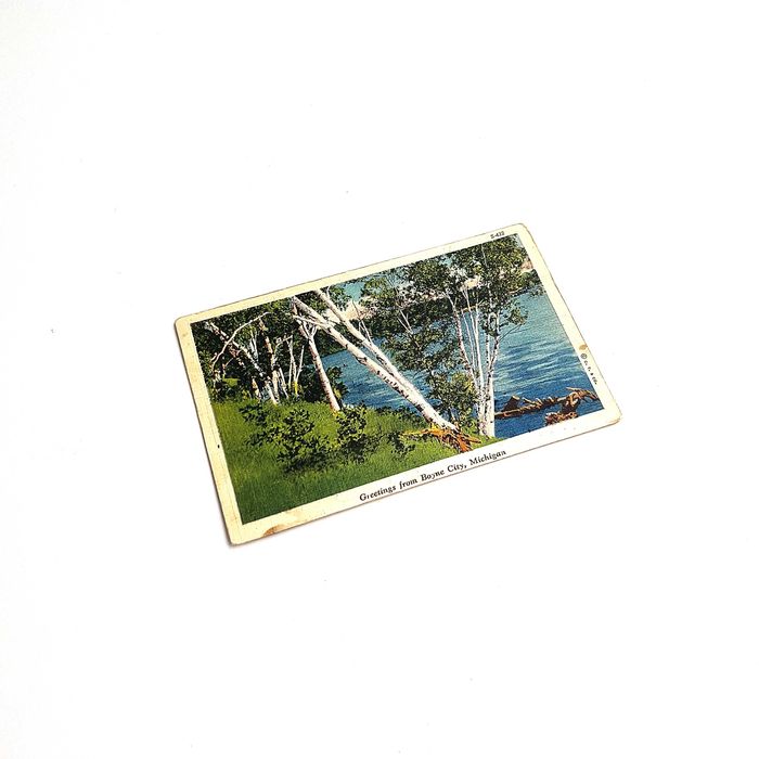 Pocztówka vintage Boyne City Michigan USA 1941 stara krajobraz jezioro