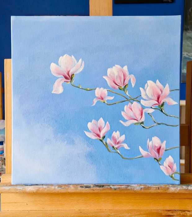 Obraz Magnolie 40x40cm, ręcznie malowany farbami olejnymi