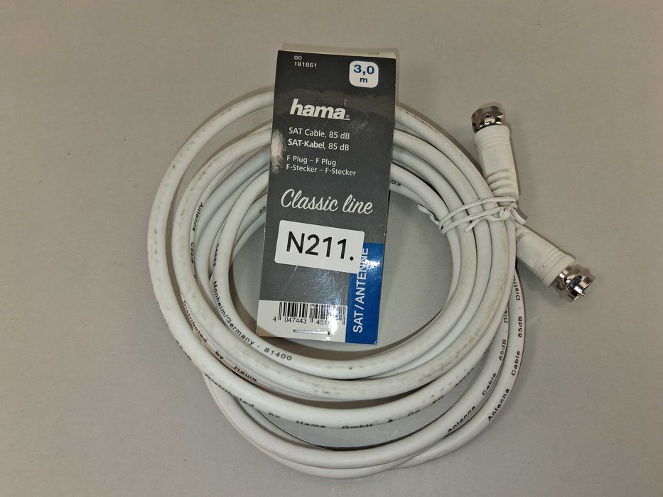 N211 Hama Kabel SAT Antenowy 3M Wtyk F 85 dB Biały Klasyczny