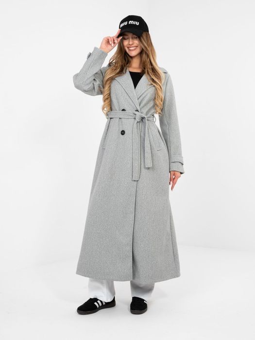 Płaszcz damski szary długi dwurzędowy z paskiem elegancki MAYA