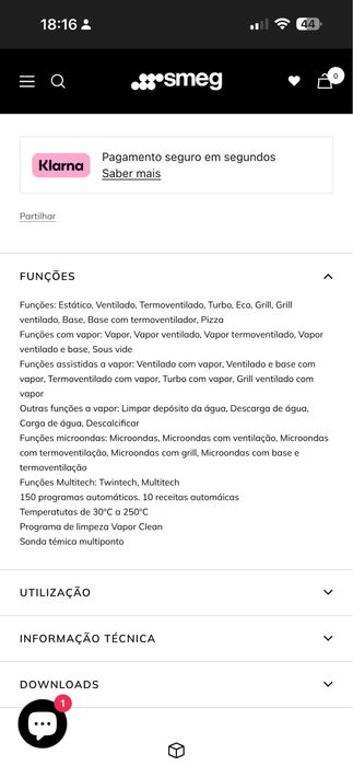 Forno e microondas SMEG  com vapor SO4104APG (40 L   Hidrolítico