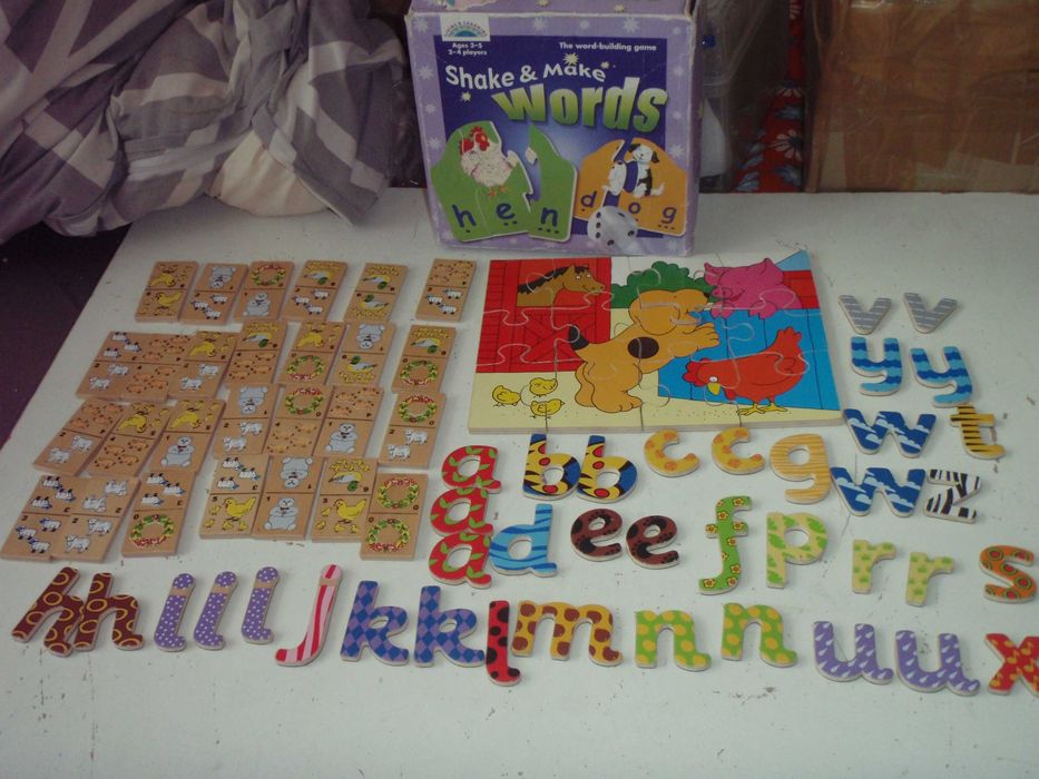 Drewniane puzzle, Domino, Literki na magnez + Puzzle - słowa 11 x 3 el