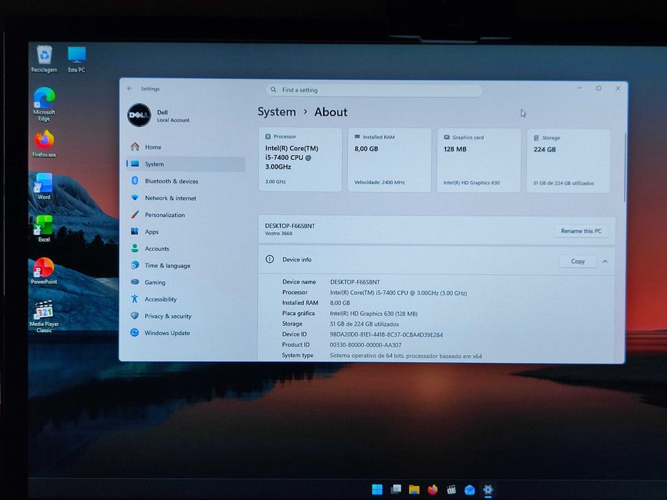 Dell Vostro i5-7400/8GB/SSD240Gb/HDMI/USB3/Wi-Fi Pc Computador