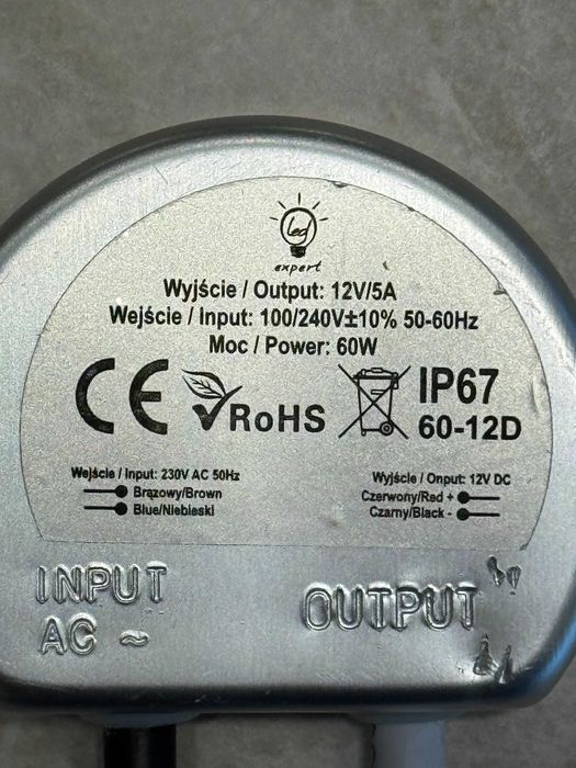 Zasilacz dopuszkowy fi60 IP67 12V 5A 60W