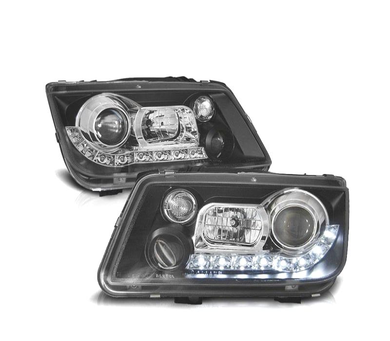 FARÓIS COM LUZ DIURNA LED VOLKSWAGEN VW BORA 98-05 FUNDO PRETO