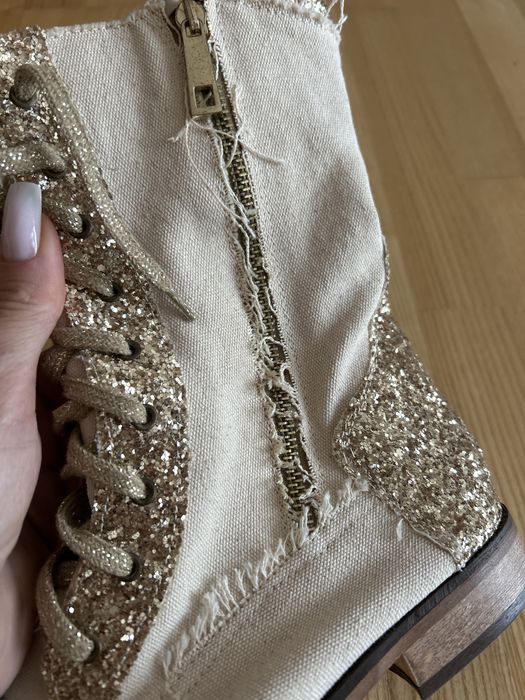 Buty botki złote len z brokatem
