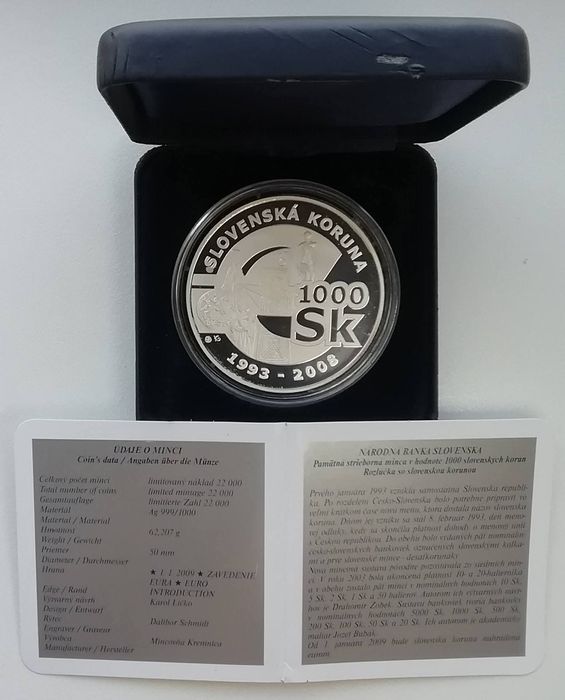 Словаччина 1000 крон 2008р. Прощання з словацькою кроною.СРІБЛО. 62гр.