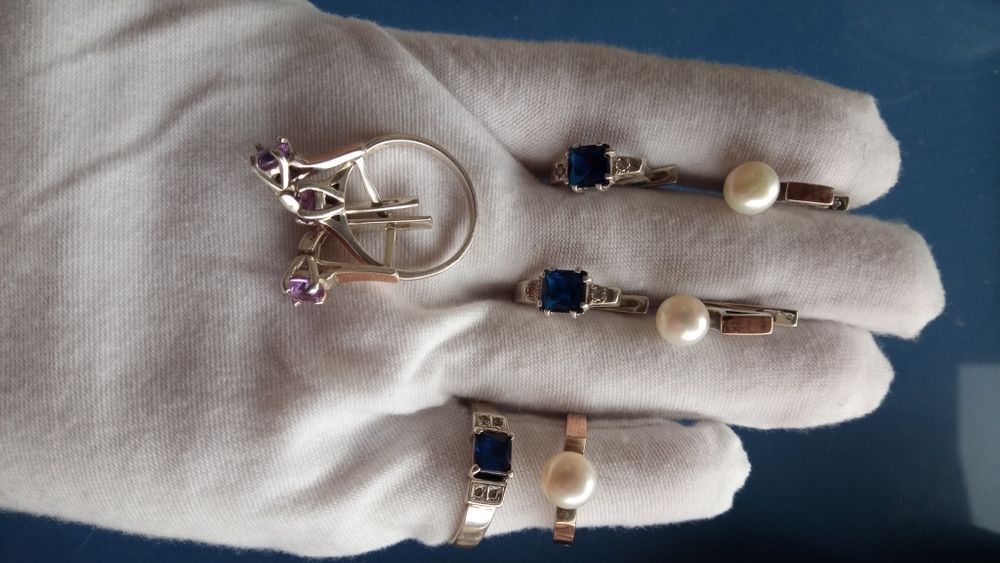 Срібні набори, комплекти срібні з золотою вставкою 925