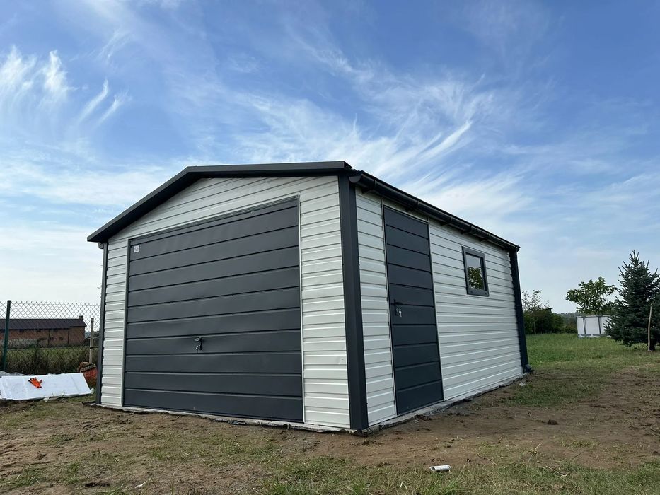 Garaż jednostanowiskowy 4x5 m Dach dwuspadowy, Brama uchylna, Szara bi