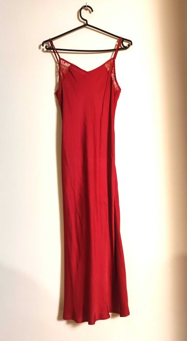 Intimissimi długa czerwona koszula nocna / sukienka satynowa wiskoza M L koronka slip dress