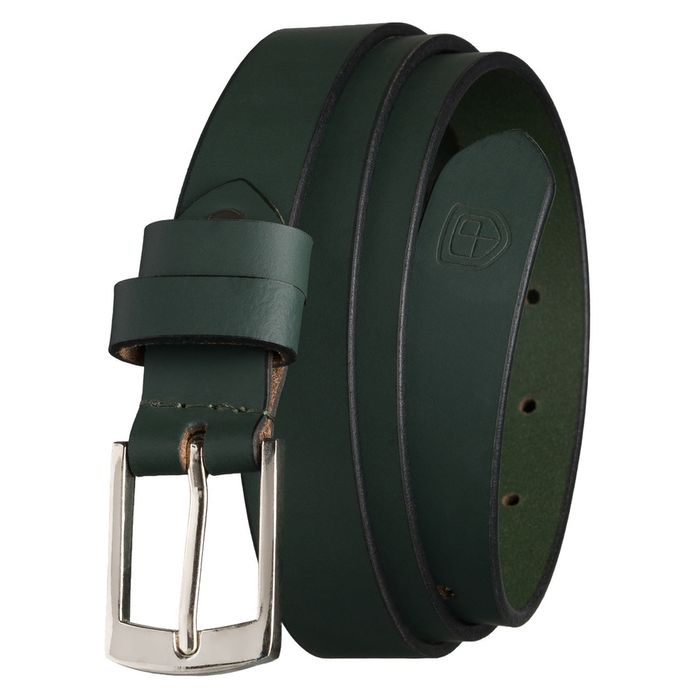 skórzany, zielony pasek damski ze srebrną, klasyczną klamrą