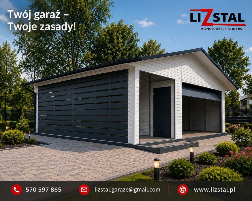 Garaż z wiatą 6x6, wypusty dachu, segmentowa
