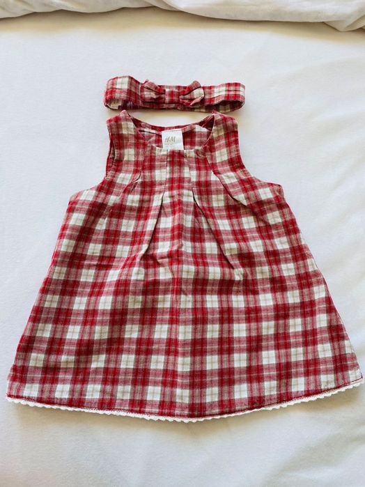 Sukienka w kratkę czerwona r.62 H&M niemowlę z opaską