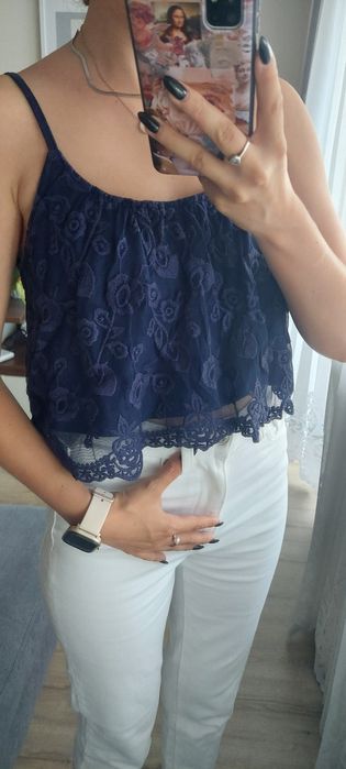 Granatowy croptop top koronka róże hafty New Yorker XS 34