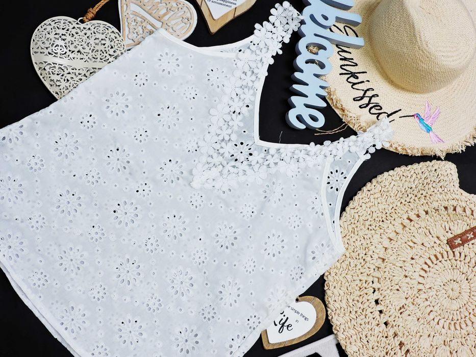 Shein  biały top ażur boho angielski hafty tył serek 40/42