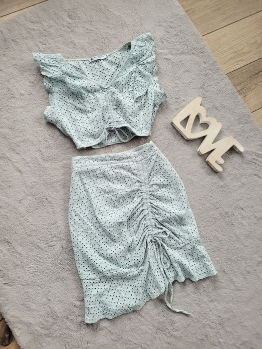 Komplet Brandenburg azurowy top I spódnica szałwia mięta