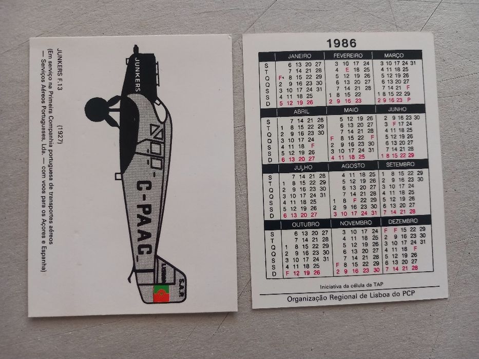 Calendários de Bolso 1986 – Célula TAP  - RARO/ PCP Lisboa (História da Aviação) - PORTES GRÁTIS
