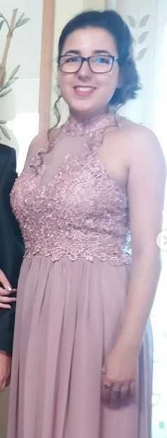 Vestido de cerimónia rosa velho – renda e tule – Tam. L