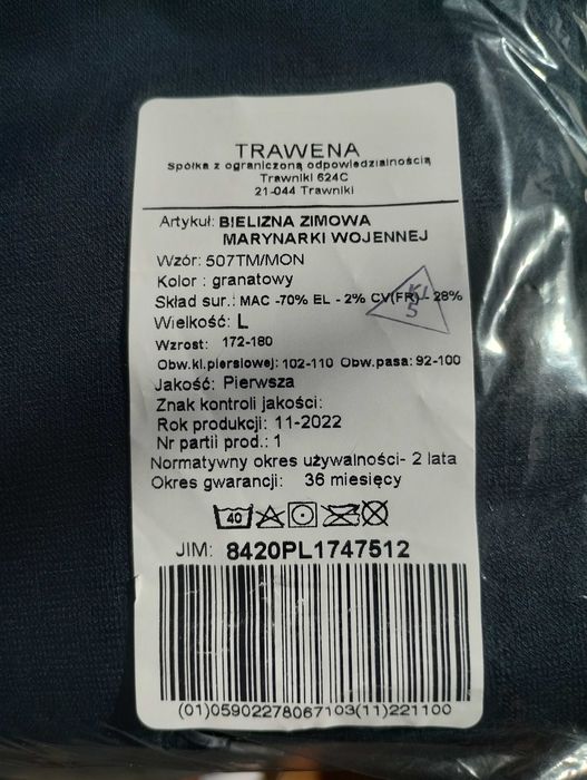 Bielizna zimowa marynarki wojennej granatowa