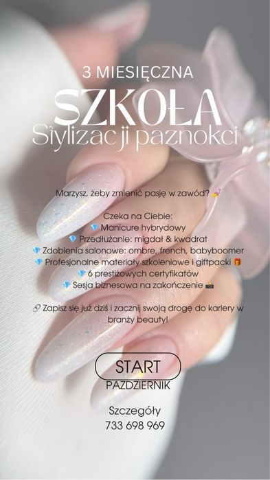 Kurs Szkoła stylizacji paznokci 6 zjazdow certyfikaty giftpacki