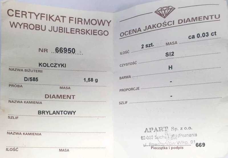 Wyrób jubilerski - Złote kolczyki p.585 1,58g z Diamentem CERTYFIKAT