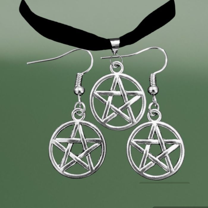 Komplet choker czarna aksamitka kolczyki pentagram witch wicca gotycki