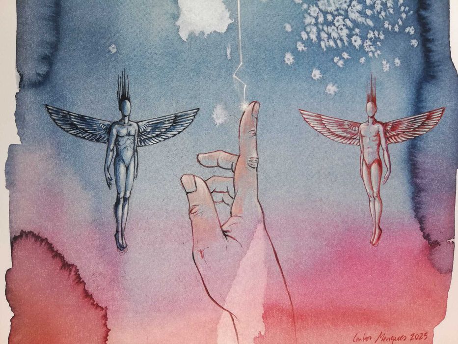 Aguarela original de Carlos Marques. Criação, Inteligência Artificial.