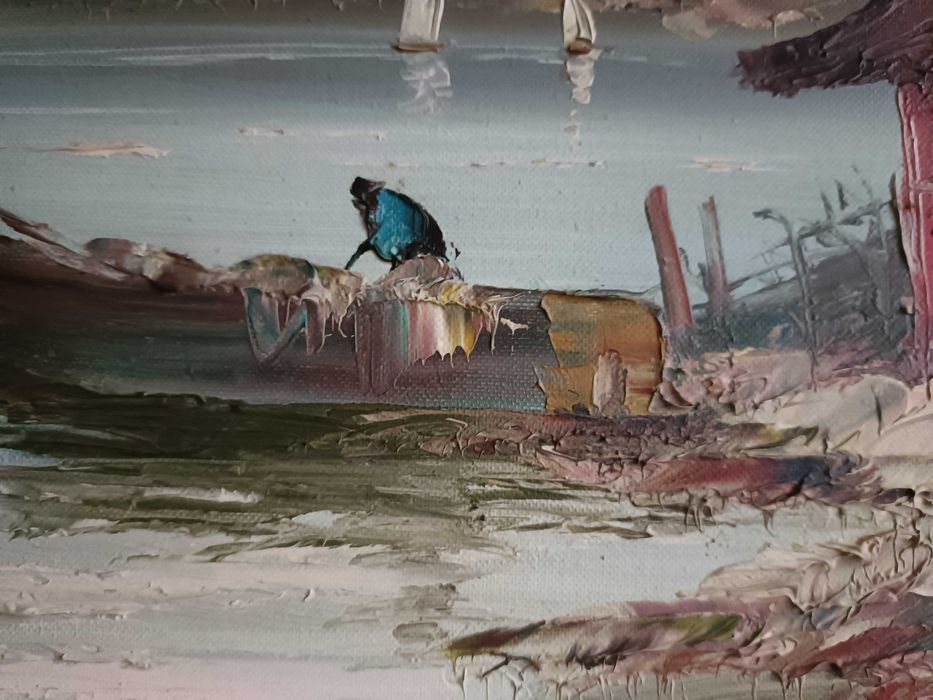 Obraz olejny na płótnie, pejzaż z łodzią