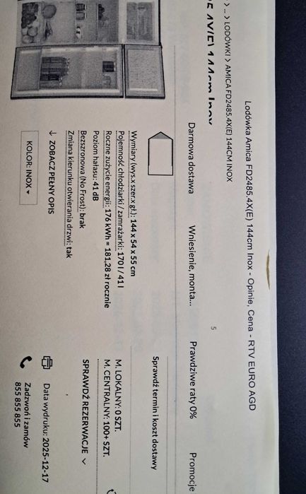 Lodówka Amica srebrna 144×54×55