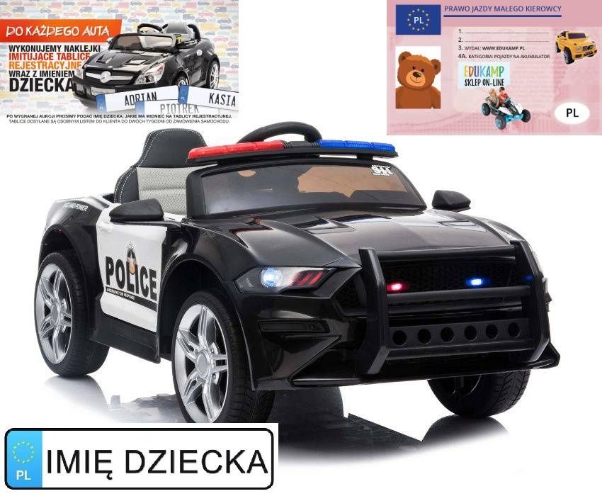 AUTO na akumulator POLICJA 2x45W, koła EVA, Ecoskóra MEGAFON PILOT!