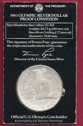 E. U. AMERICA J.Olimpicos  1983  On Dollar   Proof   em Cartão alusico  Prata