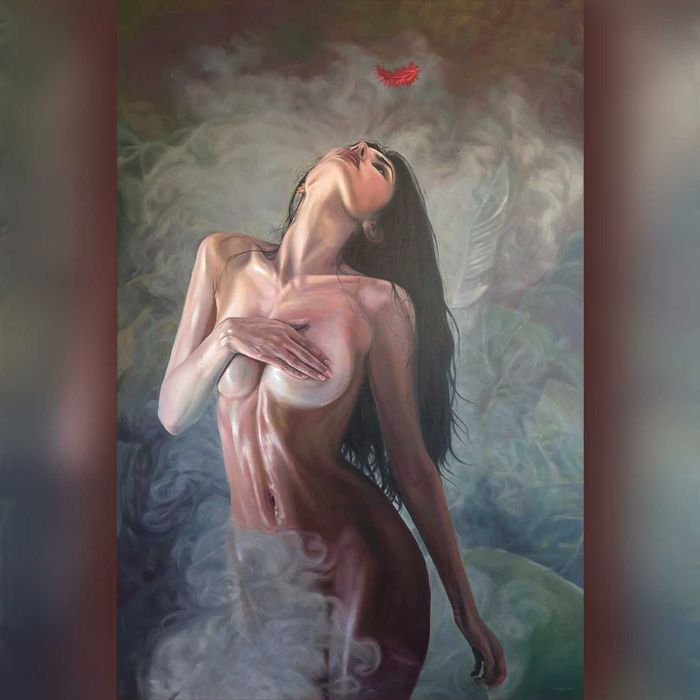„Czerwone piórko” – Wielki Obraz Olejny | 150x100 cm | Unikat | VibRaMy