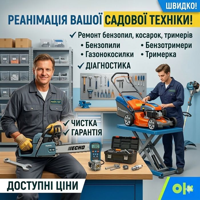 Якісний ремонт бензопил, косарок, мотоблоків. Швидко!