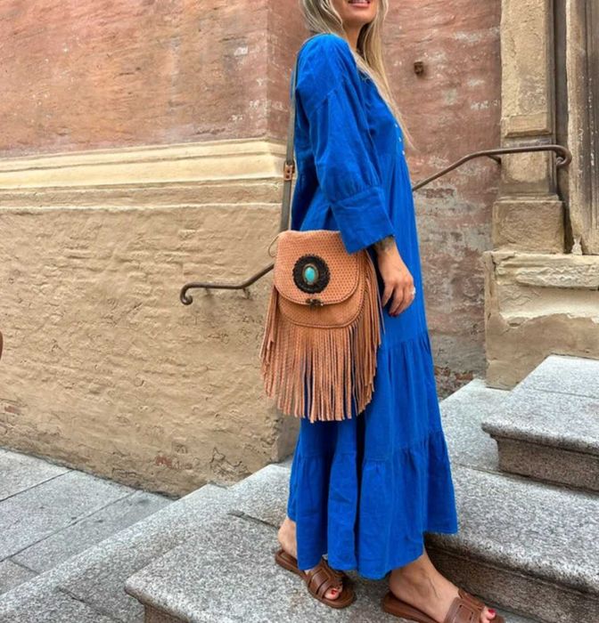 Zara kobaltowa dluga maxi boho sukienka len wiskoza