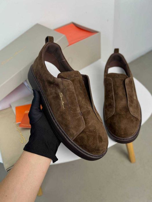 Мужские кожаные кроссовки Santoni замшевые кеды Сантони коричневые