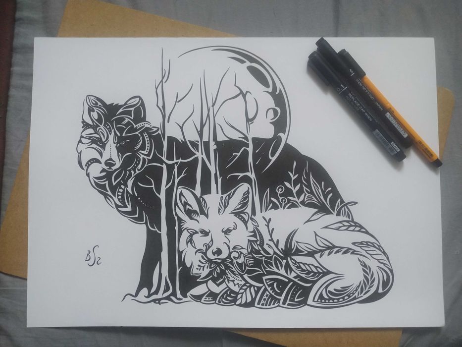 Rysunek, dwa wilki, cienkopis - blok tech. A3, 250 g/m2