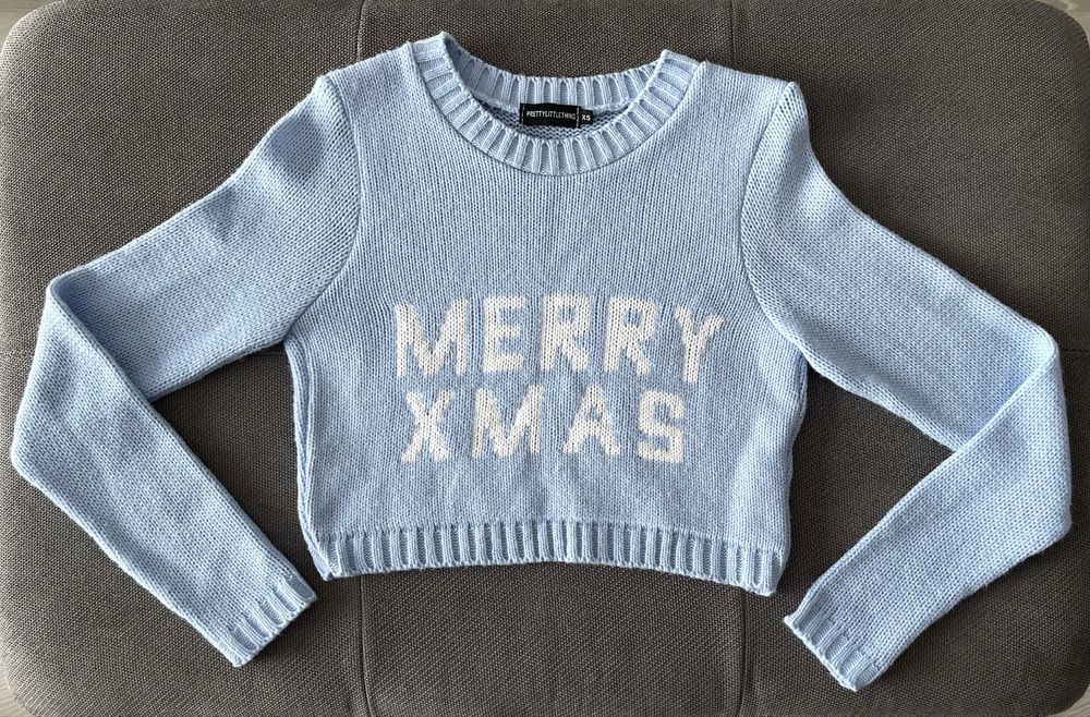 Блакитний різдвяний укорочений кроп-топ светр “Merry Xmas”