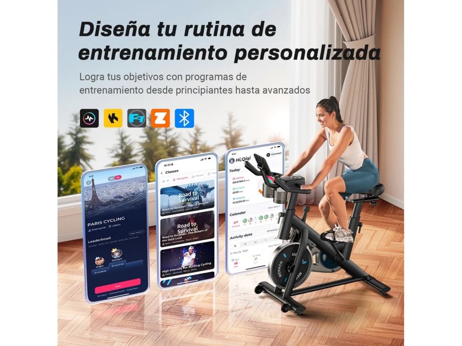 Bicicleta Estática MERACH, Bluetooth/APP, Monitor LED, Volante 6kg, Porta-copos Duplo, Ergonomia Premium, Suporte Tablet (Tablet Não Incluído)